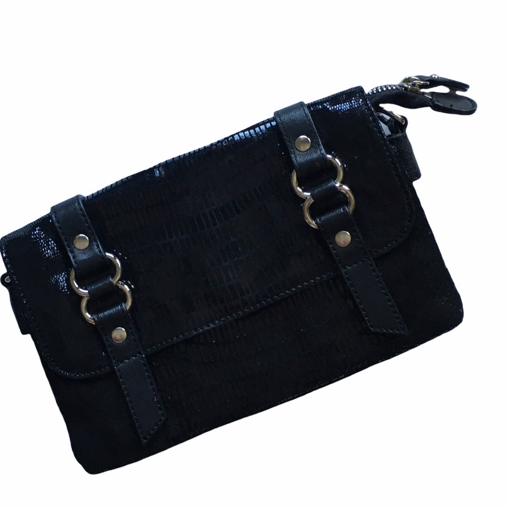 CHEZ Snakeskin Soft Leather Crossbody or Clutch Bag in Black NWOT